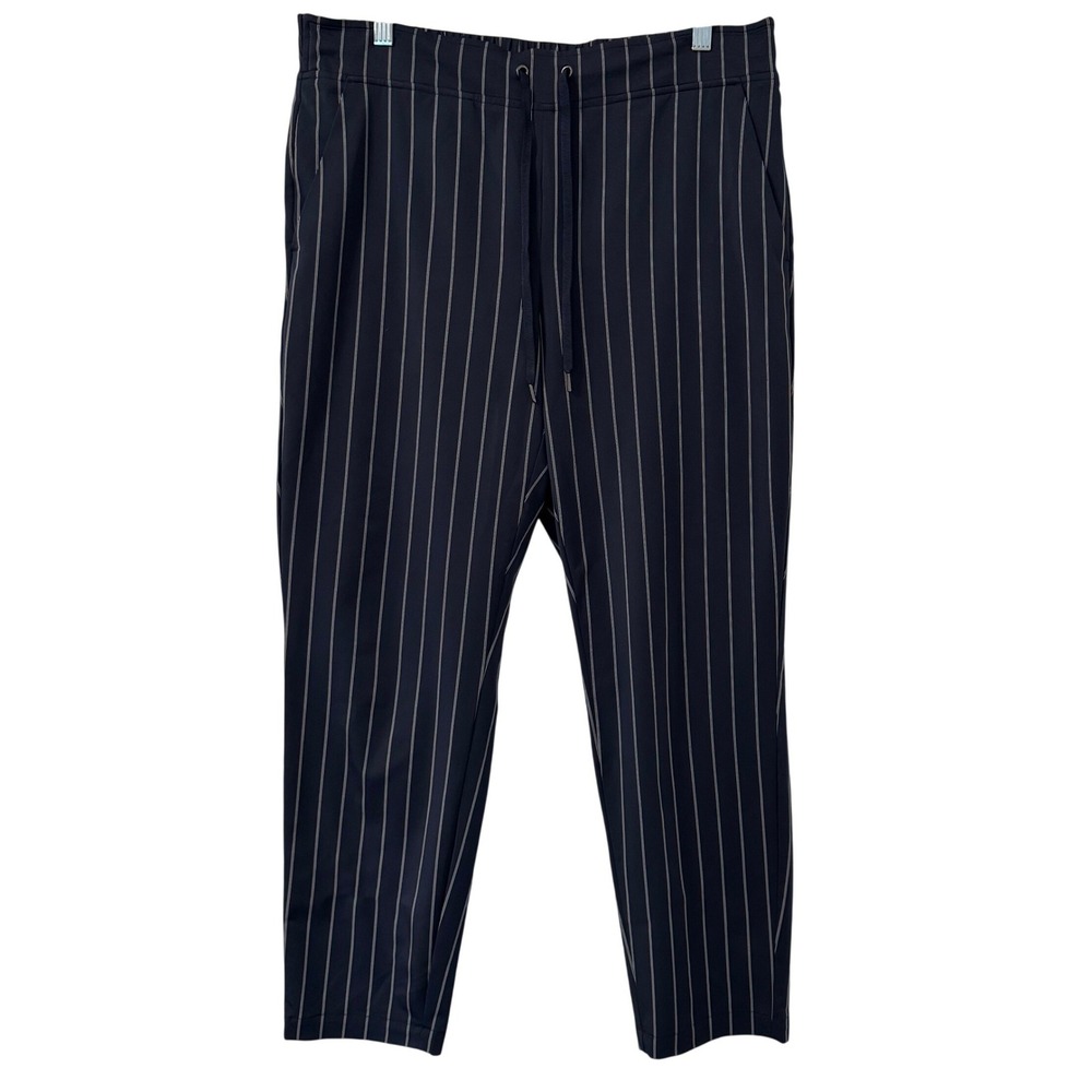 Athleta Midtown Stripe Ankle Pant 14 Navy Blue White Drawstring Travel Athletic‎